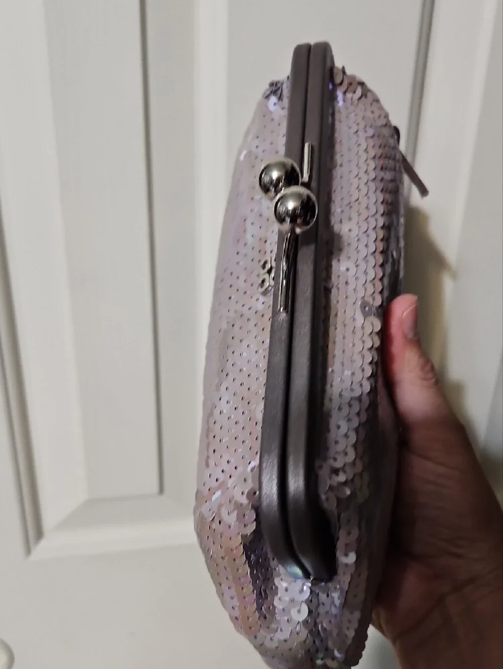 Coach NWOT Kisslock Iridescent Silver Sequin Wristlet Clutch
